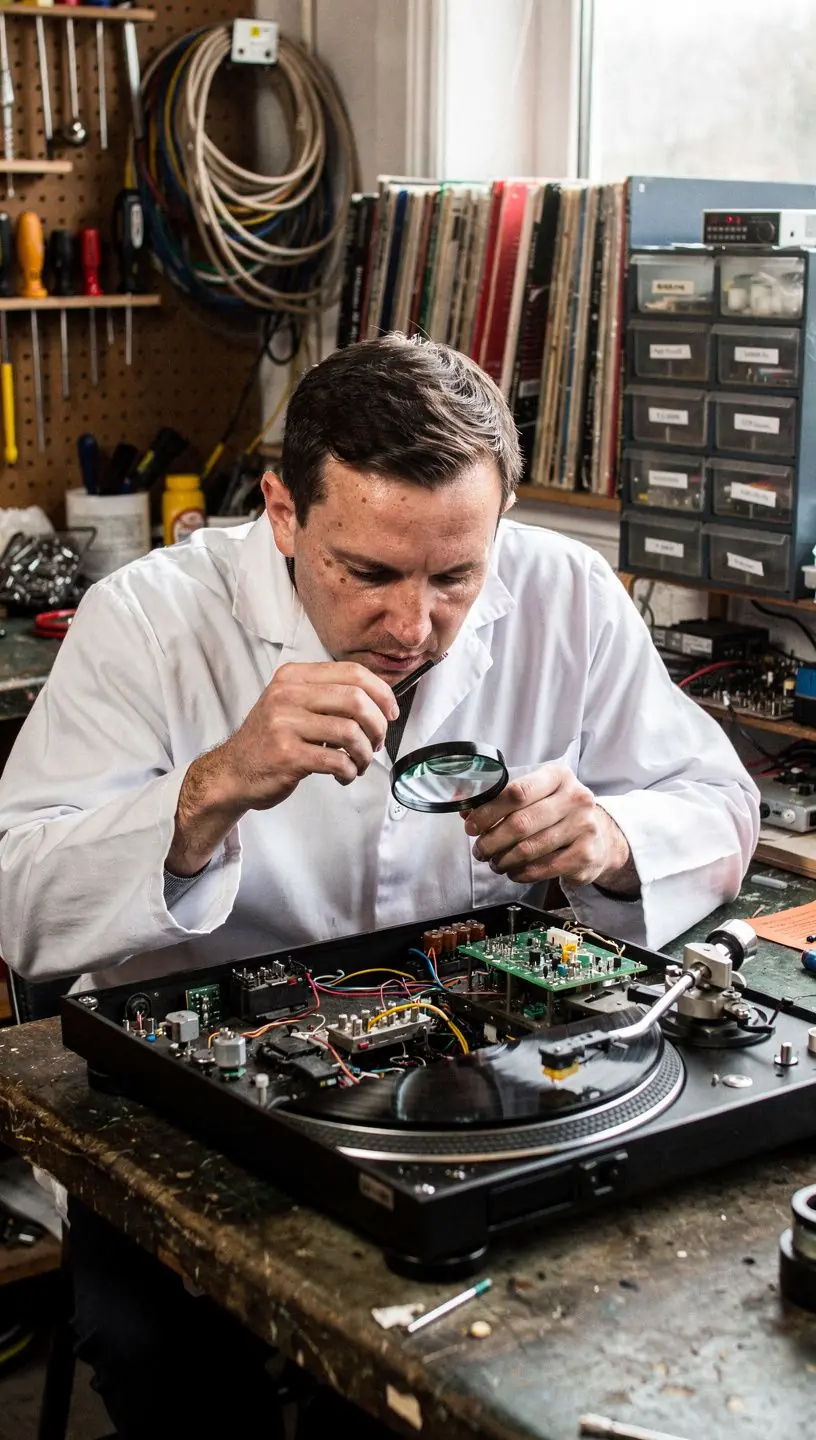Turntable with vibration control components and repair tools.