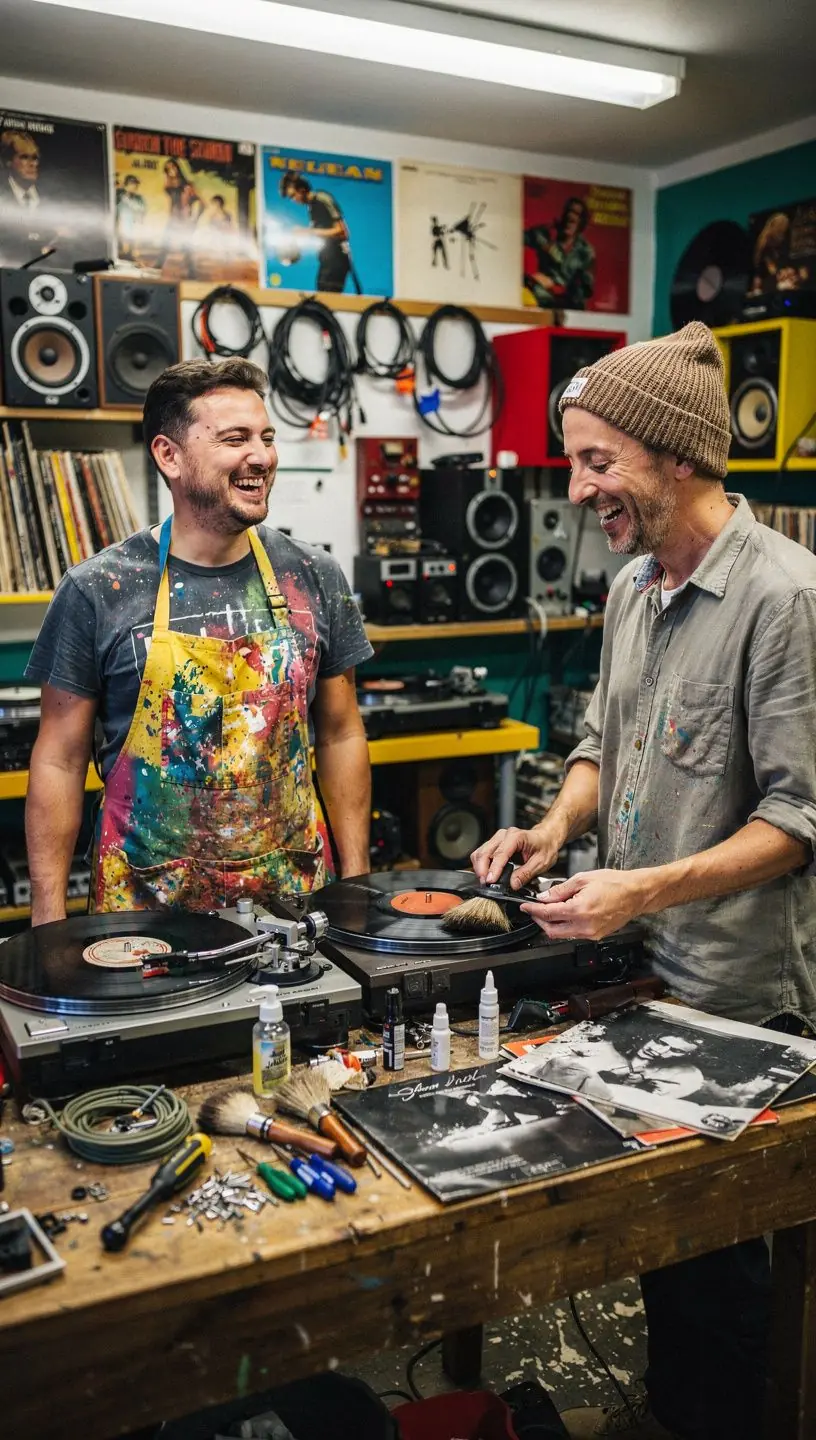 Historic vinyl turntables showcasing design evolution.